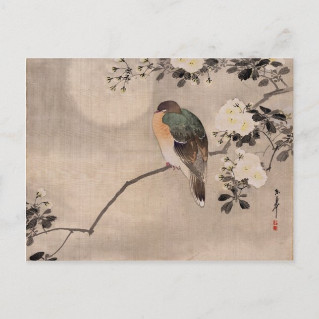Carte Postale Oiseau perché sur une branche d'un arbre en fleurs (Devant)