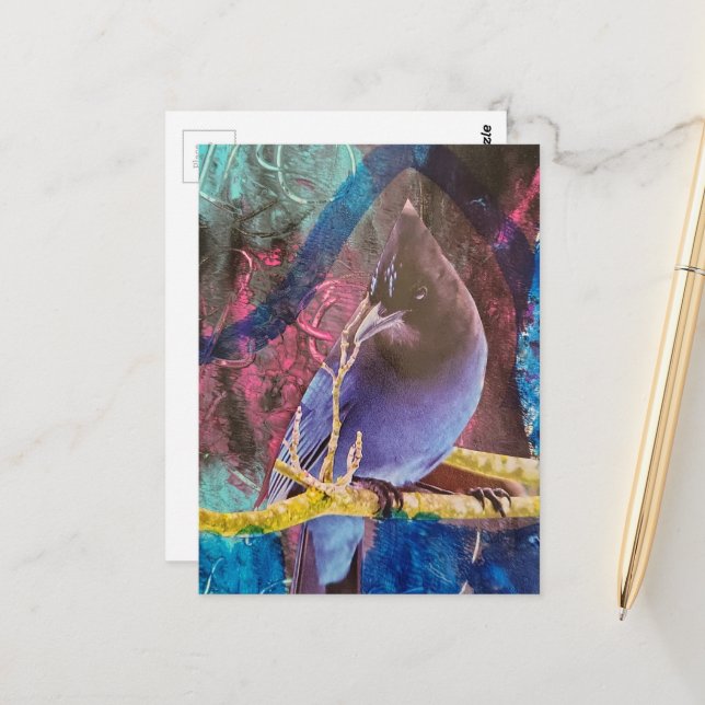 Carte Postale Oiseau Qui est Beau  Collage en Techniques Mixtes  (Devant/Arrière en situation)