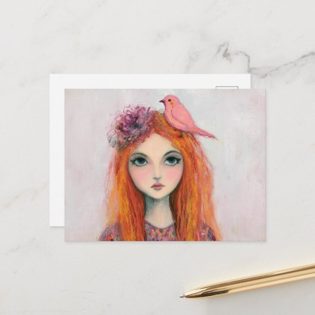 Carte Postale Oiseau rose dans ses cheveux (Devant/Arrière en situation)