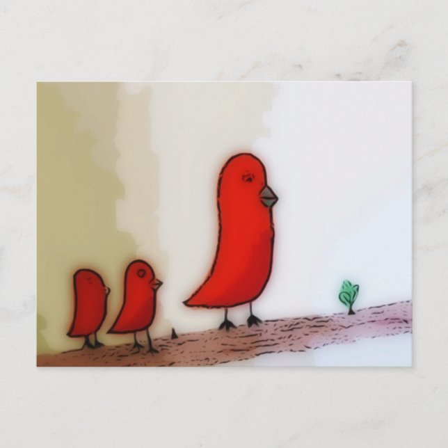 Carte Postale Oiseau rouge avec bébé art (Devant)