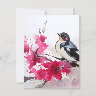 Carte Postale Oiseau sur branche de cerisier en fleurs, peinture