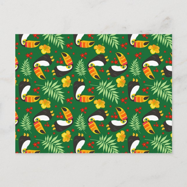 Carte Postale Oiseau Vert Feuille Orange Fleur Rouge Jungle Trop (Devant)
