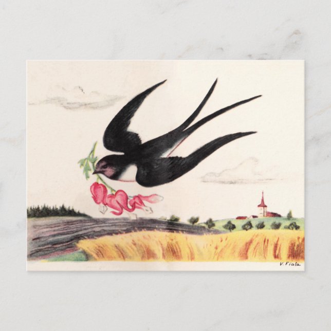 Carte Postale Oiseau Volant Avec Fleurs (Devant)
