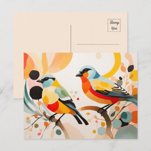 Carte Postale Oiseaux Abstraits Sur Une Branche (Devant / Derrière)