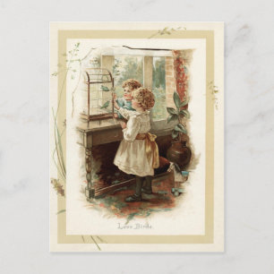 Carte Postale Oiseaux amoureux & Enfants Reproduction Vintage