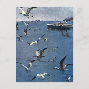 Carte Postale Oiseaux Animaux Vintage, Mouettes et Bateaux de Pê