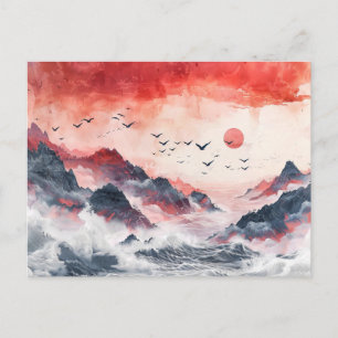 Carte Postale Oiseaux aquarelles chinois s'envolant au-dessus de