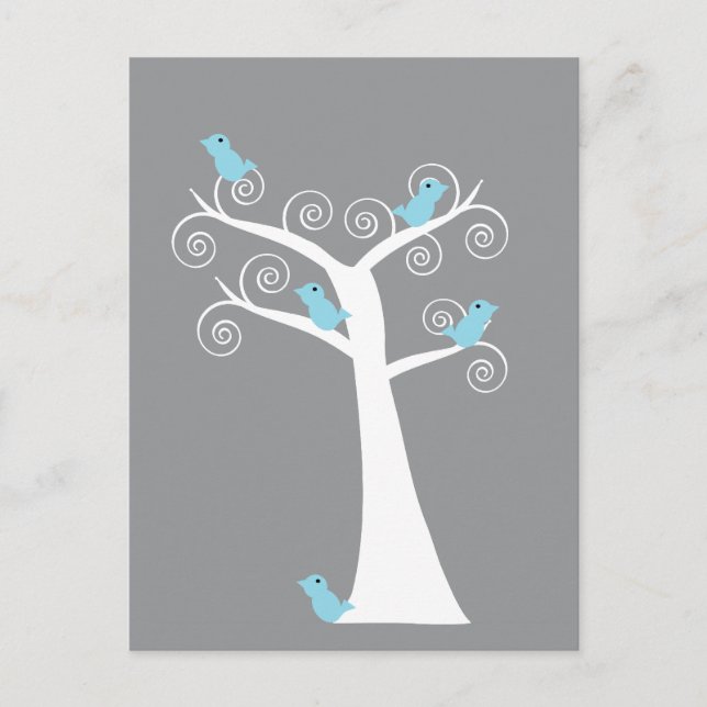 Carte Postale Oiseaux bleus sur fond gris d'arbre blanc Nature (Devant)
