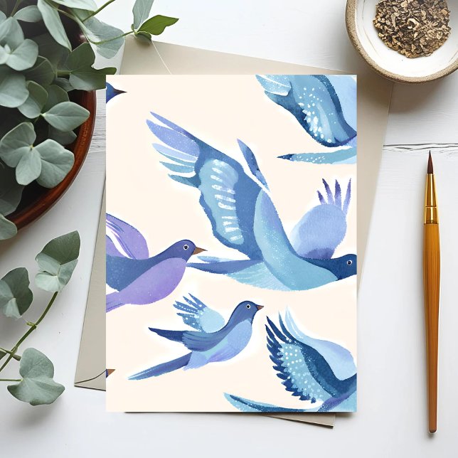 Carte Postale Oiseaux bleus volants | Aquarelle moderne (Créateur téléchargé)