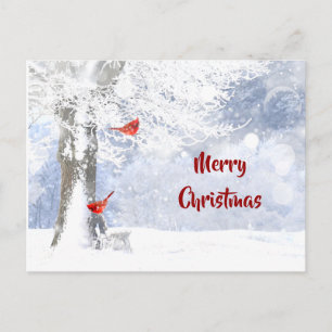 Carte Postale Oiseaux cardinaux rouges Arbres enneigés de Noël
