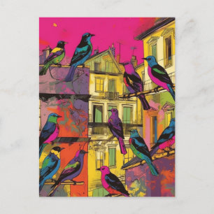 Carte Postale Oiseaux colorés et maisons
