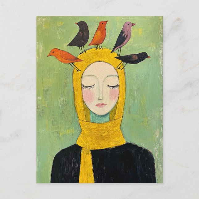Carte Postale Oiseaux Colorés sur Sa Tête (Devant)