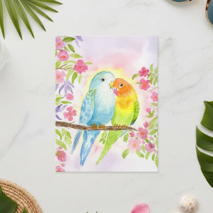 Carte Postale Oiseaux d'amour à l'aquarelle avec fleurs roses