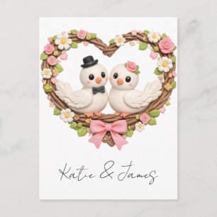 Carte Postale Oiseaux d'amour mignons dans une couronne florale 