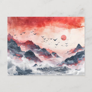 Carte Postale Oiseaux d'aquarelle chinois qui s'envolent au-dess