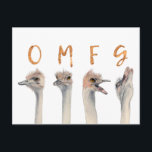 Carte Postale Oiseaux d'autruche amusants OMFG<br><div class="desc">Il s'agit d'un tableau aquarelle d'autruches avec des émotions de transition du calme à la fonte. Il y a des lettres au-dessus de chaque autruche qui dit "OMFG" en fausse feuille d'or.</div>