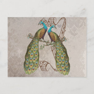 Carte Postale Oiseaux de l'amour en style grunge damassé vintage