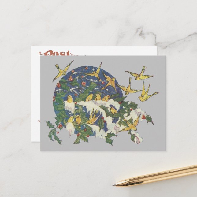 Carte Postale Oiseaux de neige, houx et neige - Noël (Devant/Arrière en situation)