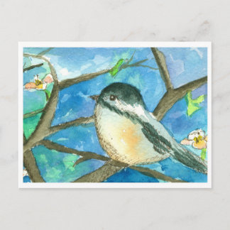 Carte Postale Oiseaux de poulet Fleurs roses Peinture à l'aquare