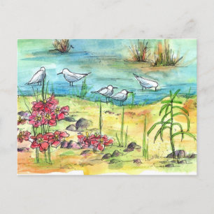 Carte Postale Oiseaux de rivage du lac Mouettes Aquarelles Fleur