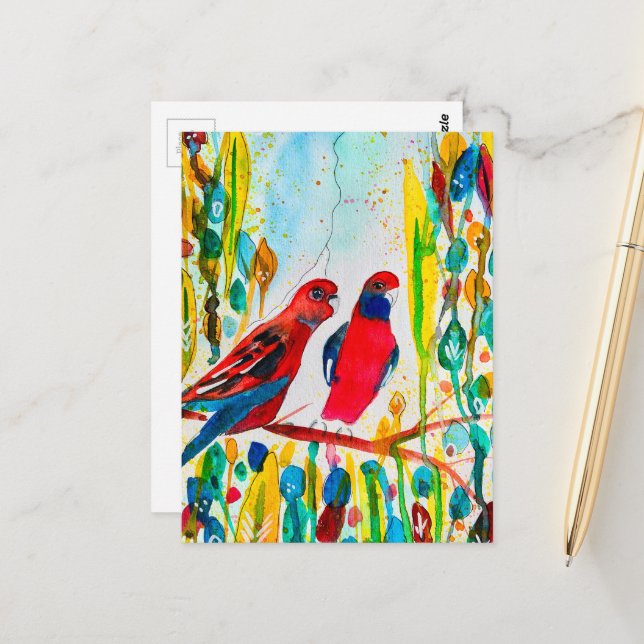 Carte Postale Oiseaux de Rosella dans l'art de l'aquarelle des a (Devant/Arrière en situation)