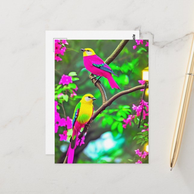 Carte Postale Oiseaux d'Imaginaires colorés (Devant/Arrière en situation)