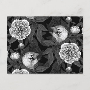 Carte Postale Oiseaux et fleurs de pivoines monochromes, gris