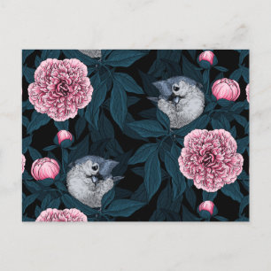 Carte Postale Oiseaux et fleurs de pivoines roses avec feuille