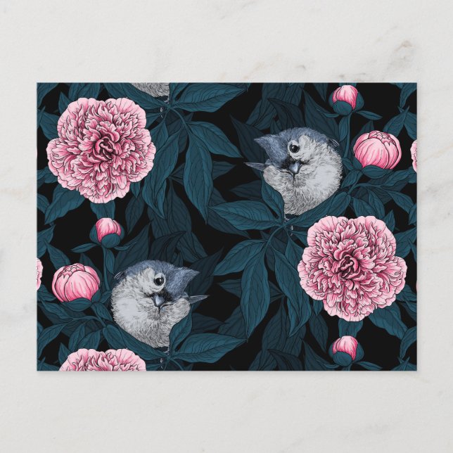 Carte Postale Oiseaux et fleurs de pivoines roses avec feuille (Devant)