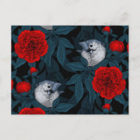 Oiseaux et fleurs de pivoines rouges avec feuilles