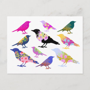 Carte Postale Oiseaux Fleurs Feuilles Floral Chic Animaux Coloré