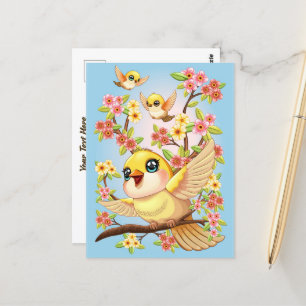Carte Postale Oiseaux mignons et heureux parmi les fleurs du pri