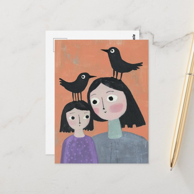 Carte Postale Oiseaux noirs adorables sur leurs têtes (Devant/Arrière en situation)