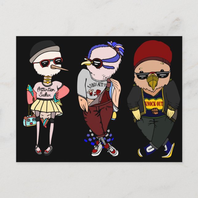 Carte Postale Oiseaux noirs amusants portant des vêtements Illus (Devant)