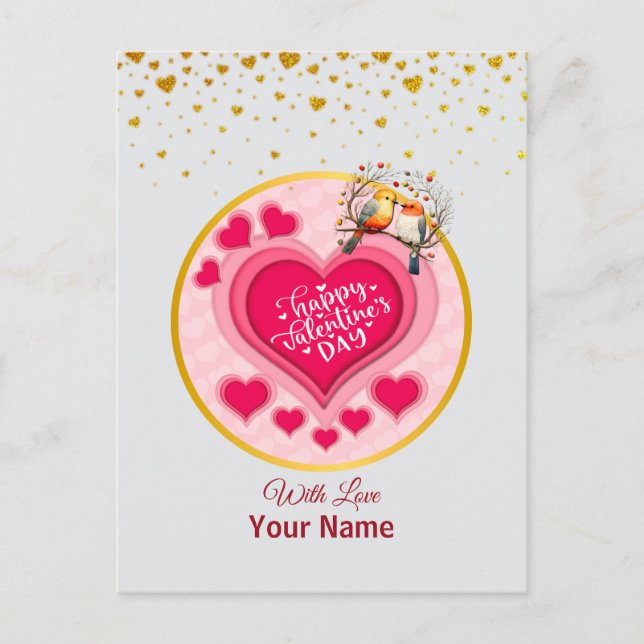 Carte Postale Oiseaux romantiques sur une branche Saint-Valentin (Devant)