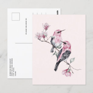 Carte Postale Oiseaux roses et noirs sur une branche d'arbre