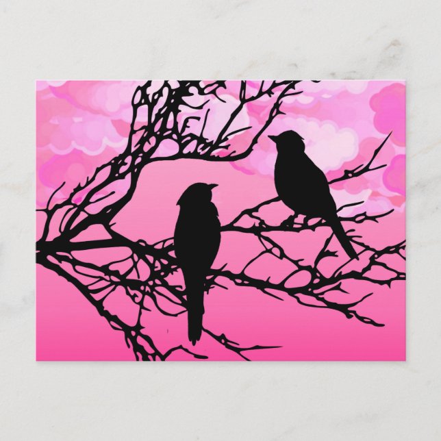 Carte Postale Oiseaux sur une branche, Noir contre Aube Rose (Devant)