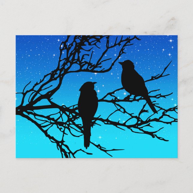 Carte Postale Oiseaux sur une branche, Noir contre Bleu du soir (Devant)