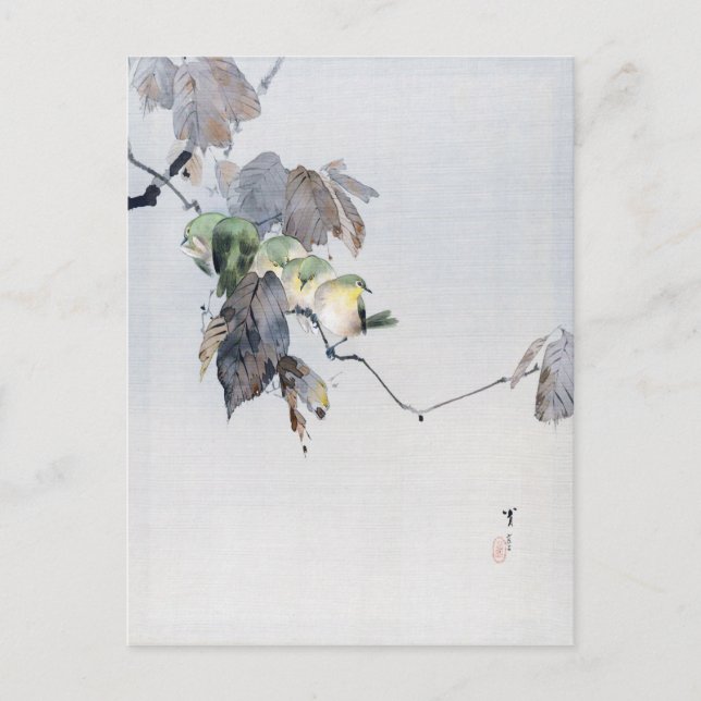 Carte Postale Oiseaux verts sur une branche, Watanabe Seitei (Devant)