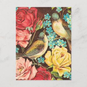 Carte Postale Oiseaux vintages aux roses rose et jaune