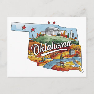 Carte Postale Oklahoma États-Unis État Forme Vintage Aquarelle
