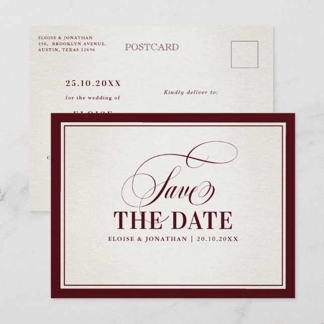 Carte Postale Old Money Modern Burgundy Luxury Save the date     (Devant / Derrière)