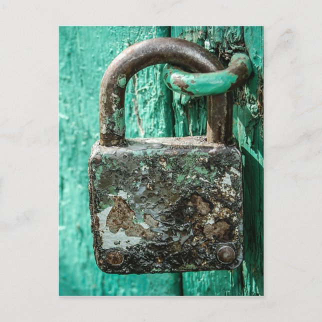 Carte Postale Old Rusted Lock Teal Aqua Blue Wooden Door (Devant)