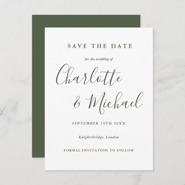 Carte Postale Olive Green Script Wedding Enregistrer la date Car (Devant / Derrière)