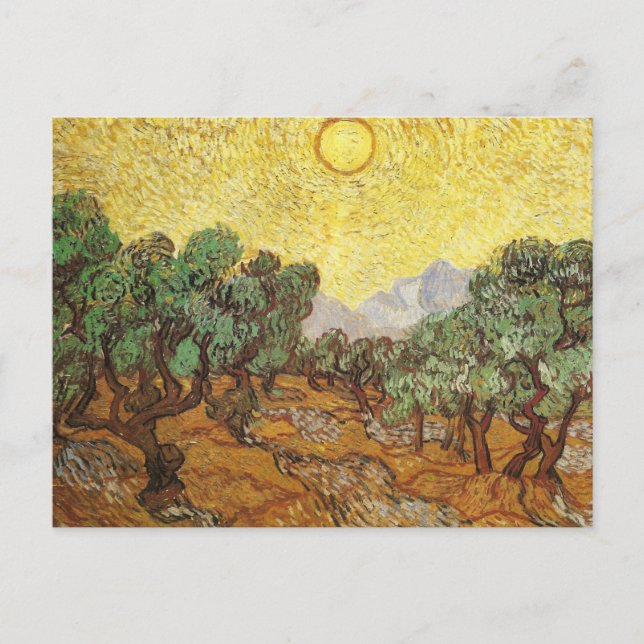 Carte Postale Olive Trees Ciel Jaune & Soleil Van Gogh Art (Devant)