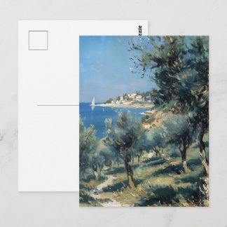 Carte Postale Oliveraie avec village côtier et mer