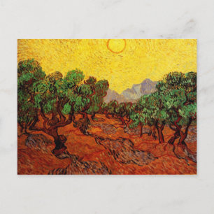 Carte Postale Oliviers avec ciel jaune et soleil Van Gogh