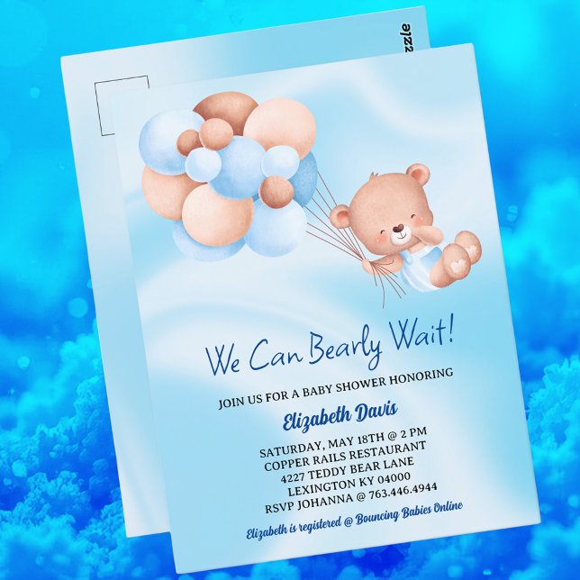 Carte Postale On Peut Attendre De Beau Beige Baby shower Garçon (🧸 We Can Bearly Wait! Blue & Beige Baby Shower Postcard – Cuteness Overload! 💙✨)