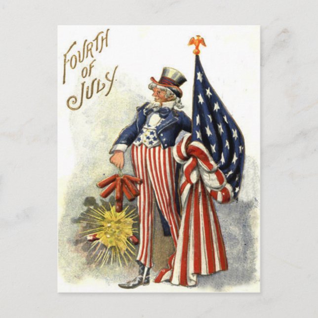 Carte Postale Oncle Sam Drapeau américain Feux d'artifice Pétard (Devant)