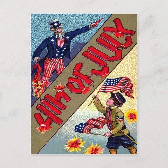Carte Postale Oncle Sam enfant Drapeau américain Feux d'artifice (Devant)